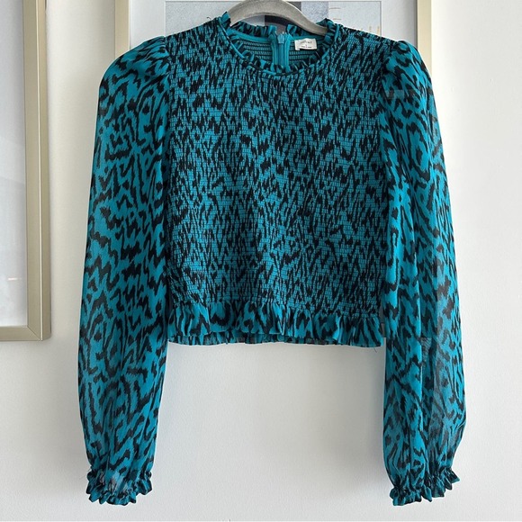 Aritzia Wilfred Lilith Animal Print Blouse Teal Blue Black S - Picture 1 of 10